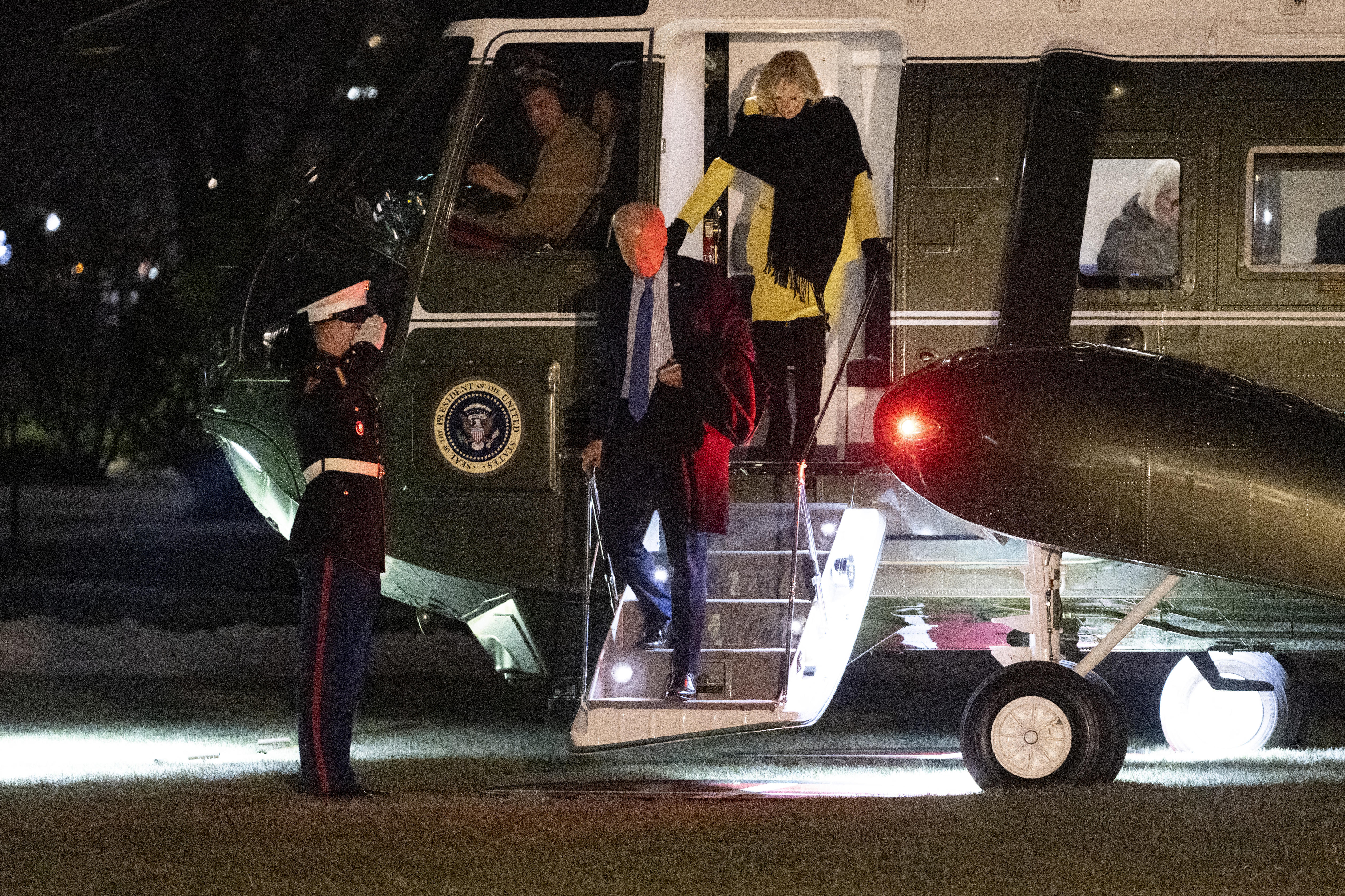 President Biden and First Lady Jill Biden were seen stepping off Marine One after landing on the South Lawn of the White House earlier today