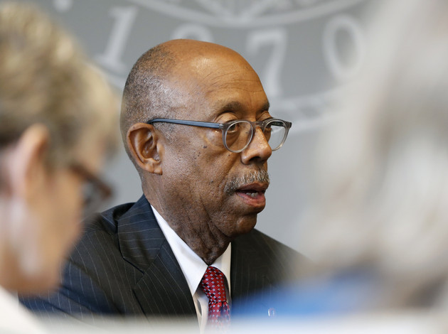 University of California President Michael V. Drake answers questions during an interview in Columbus, Ohio.