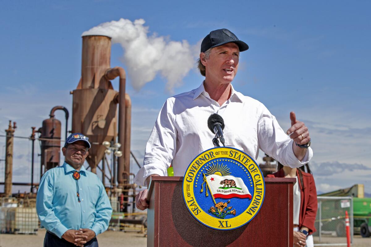 California Gov. Gavin Newsom speaks during a press conference at the Hell's Kitchen project site near the Salton Sea in 2023.