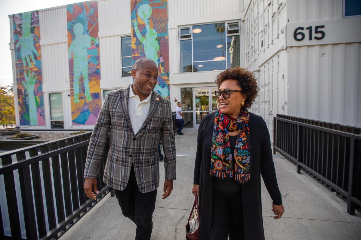 Tony Brown, chief executive of HOLA — Heart of Los Angeles, chats with NEA chief Maria Rosario Jackson.