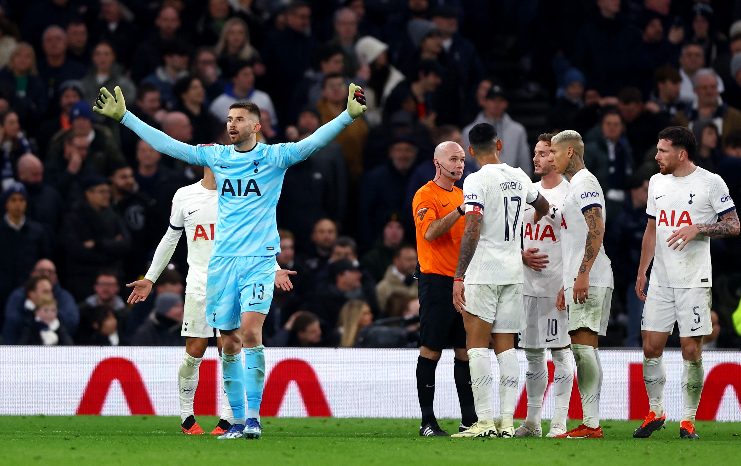 The Spurs goalie was booked for his protests after VAR ruled it should stand