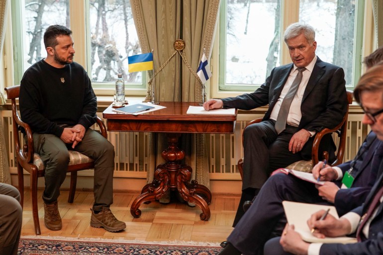 Ukraine's President Volodymyr Zelenskiy and Finland's President Sauli Niinisto attend the Nordic summit in Oslo, Norway, December 13, 2023. NTB/Heiko Junge/via REUTERS   ATTENTION EDITORS - THIS IMAGE WAS PROVIDED BY A THIRD PARTY. NORWAY OUT. NO COMMERCIAL OR EDITORIAL SALES IN NORWAY.