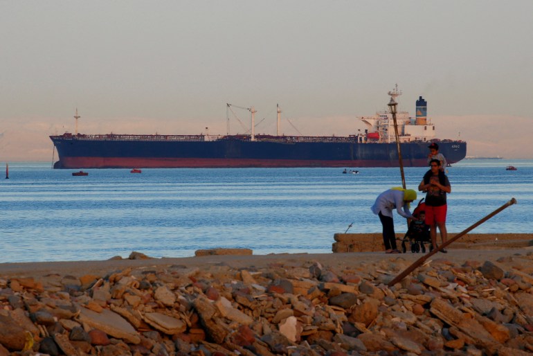 A container ship crosses the Gulf of Suez