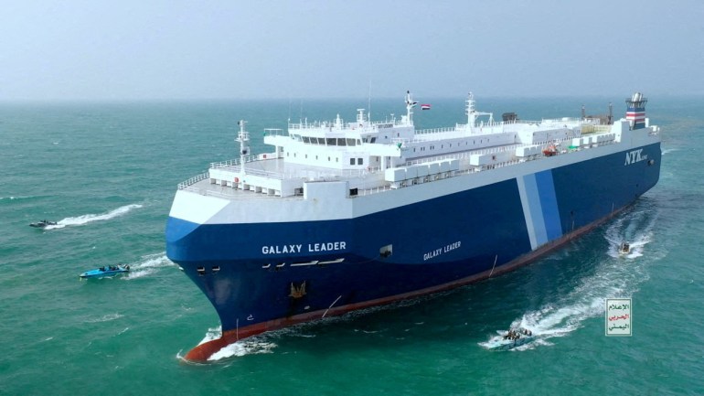 FILE PHOTO: FILE PHOTO: The Galaxy Leader cargo ship is escorted by Houthi boats in the Red Sea in this photo released November 20, 2023. Houthi Military Media/Handout via REUTERS THIS IMAGE HAS BEEN SUPPLIED BY A THIRD PARTY/File Photo/File Photo