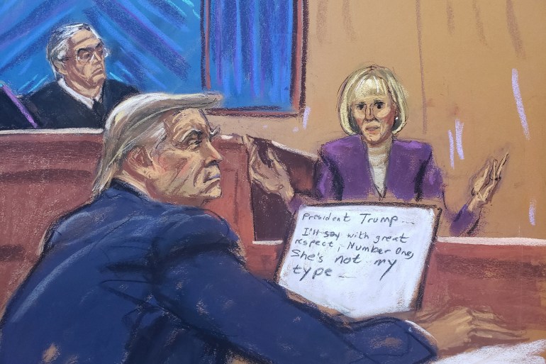 E. Jean Carroll testifies before Judge Lewis Kaplan as former U.S. President Donald Trump watches, during the second civil trial where Carroll accused Trump of raping her decades ago