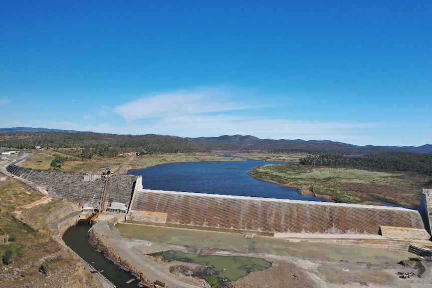 A concrete spillway on a dam