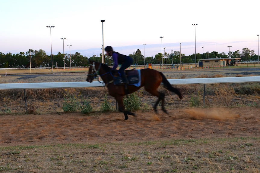 A young woman is racing a horse around a dirt track at the crack of dawn