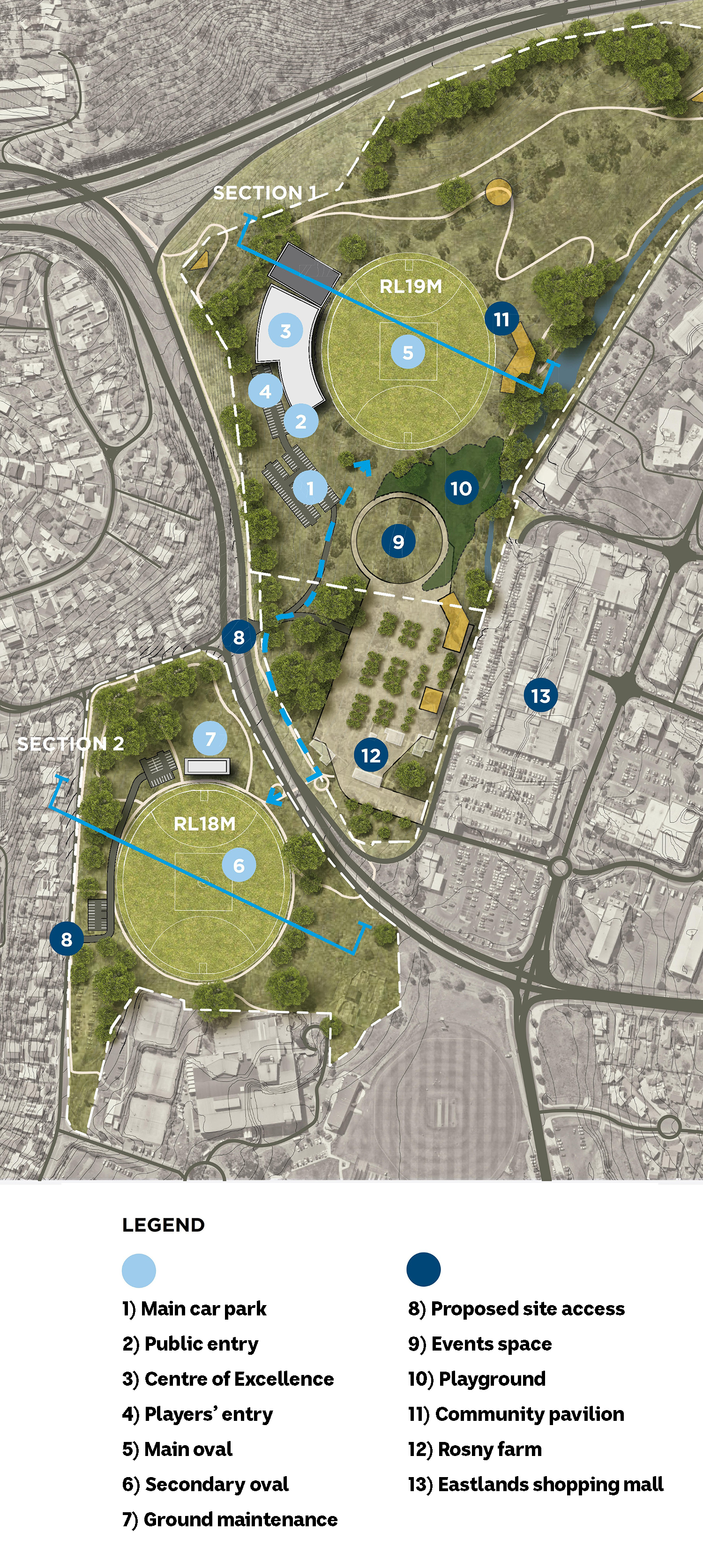 A map of parklands that places two big ovals and numerous other buildings nearby. 