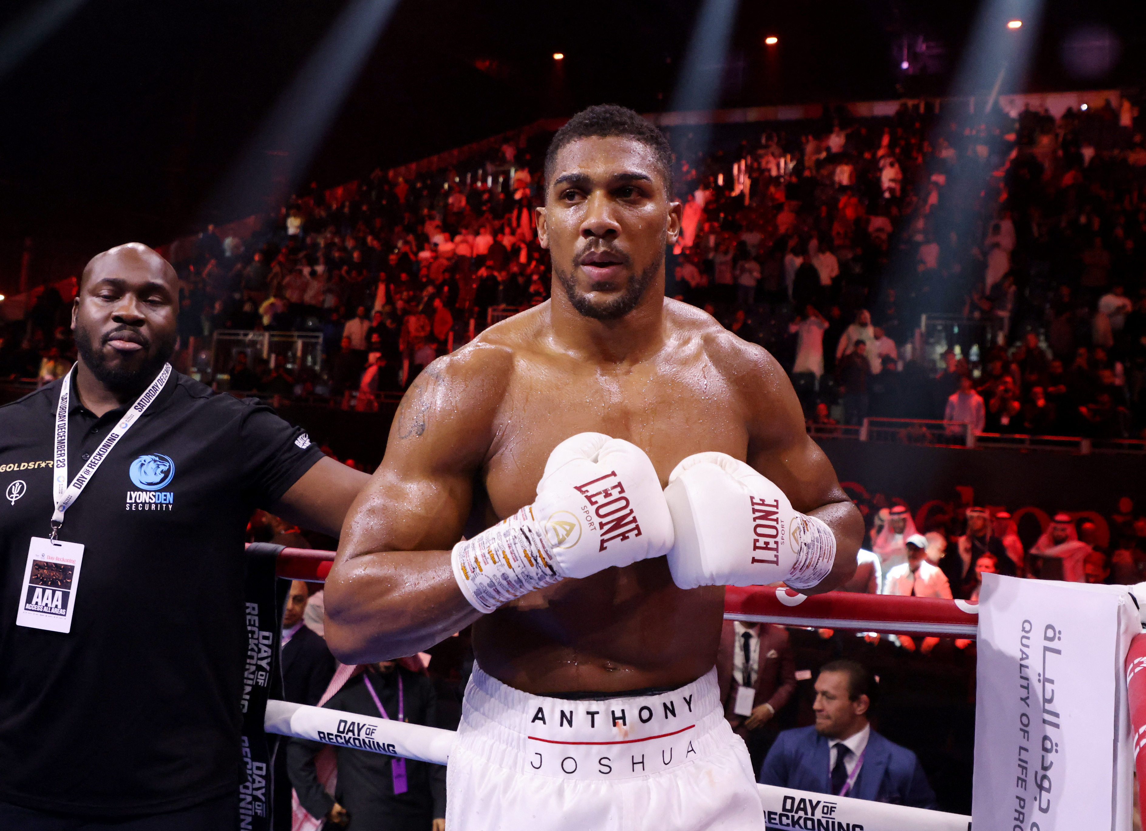 Boxing – Anthony Joshua v Otto Wallin – Kingdom Arena, Riyadh, Saudi Arabia – December 24, 2023 Anthony Joshua celebrates after winning his fight against Otto Wallin REUTERS/Ahmed Yosri