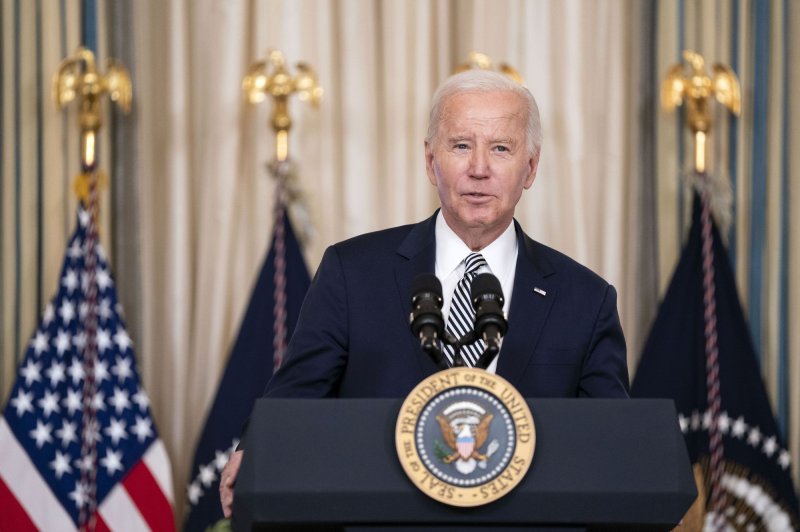 President Joe Biden speaks before a meeting with his Task Force on Reproductive Healthcare Access to mark the 51st anniversary of the Roe vs. Wade decision in the State Dining Room of the White House in Washington, D.C., on Monday. Photo by Bonnie Cash/UPI