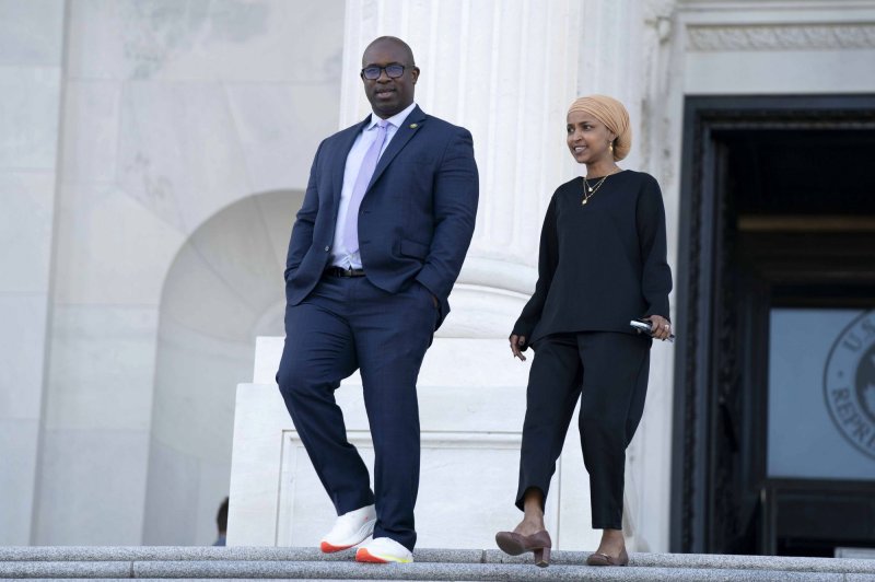 The House Ethics committee has dropped the investigation into Rep. Jamaal Bowman, D-N.Y. (L), for pulling a Capitol fire alarm last fall when there was no fire. The committee said an intervening censure by the House and Bowman's guilty plea to a misdemeanor rendered the issue moot. File Photo by Bonnie Cash/UPI