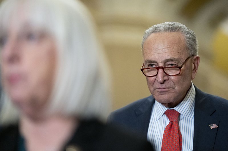 The Senate Thursday passed a short-term funding bill 71-18 with the House voting 314-108. It only funds the federal government until March 8. Senate Majority Leader Chuck Schumer, D-N.Y., looks on as.Sen. Patty Murray, D-Wash., speaks during a press conference at the Capitol in Washington, D.C. Wednesday. Photo by Bonnie Cash/UPI