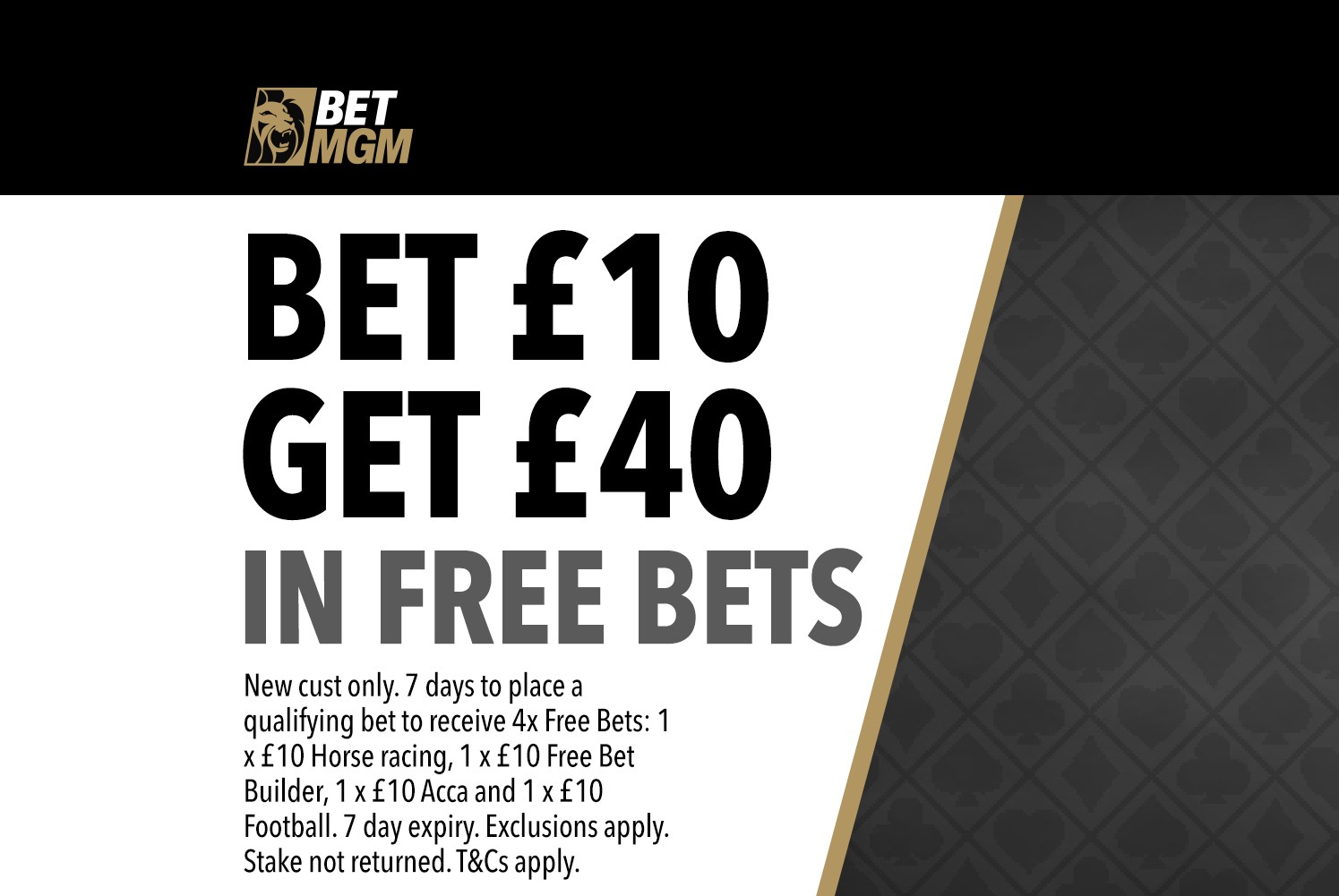 Get £40 in free bets when you stake £10 with BetMGM