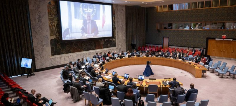 International Criminal Court Prosecutor Karim Kahn speaks to the U.N. Security Council on Monday via video link from Chad where he had met with Sudaneses refugees. Photo by Manuel Elias/UN