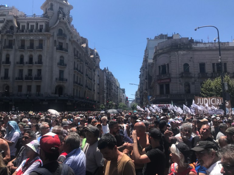 Crowds gather in the streets of Buenos Aires, Argentina.