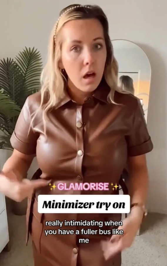 TikTok user Brittany tried on a minimizer bra under a button-up dress