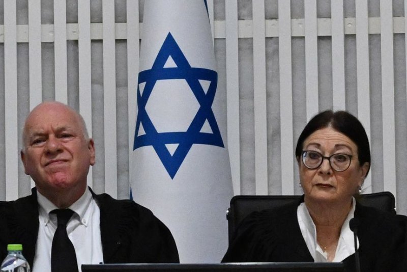 President of the Supreme Court Esther Hayut and all fifteen justices assemble to hear petitions against the reasonableness standard law in the High Court in Jerusalem, on September 12, 2023. On Monday, the court announced it had struck down the controversial judicial reform. File photo by Debbie Hill/ UPI