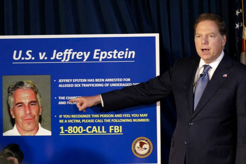 United States Attorney Jeff Berman speaks at a press conference while billionaire Jeffrey Epstein awaits a bail hearing at Manhattan Federal Court after being arrested Saturday on sex-trafficking charges on Monday, July 8, 2019, in New York City. Photo by John Angelillo/UPI