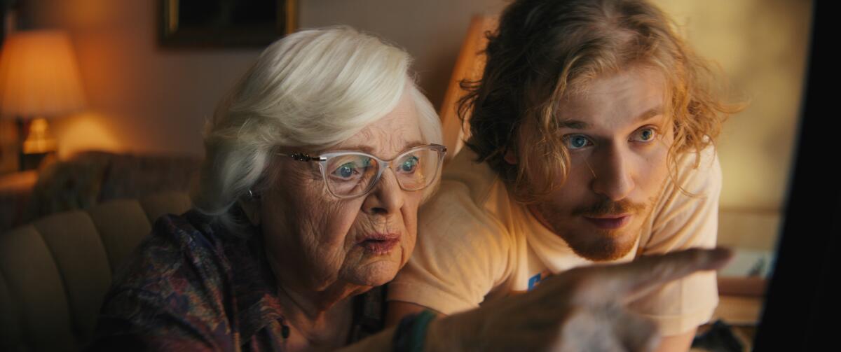 A grandmother and her grandson look at a computer screen.