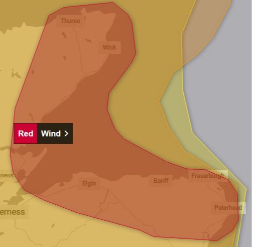 The Met Office issued a rare red warning for northern Scotland in the early hours of this morning