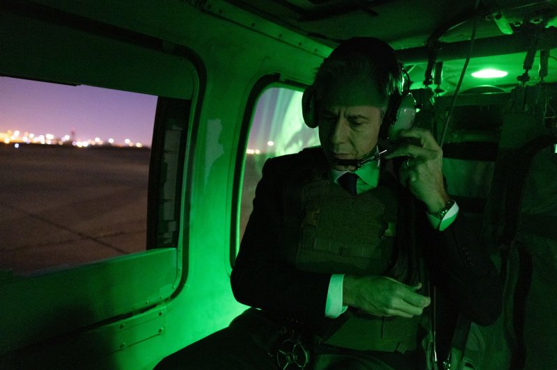 Secretary of State Antony Blinken departs the International Zone via helicopter after meeting Iraqi Prime Minister Mohammed Shia al-Sudani, in Baghdad, Iraq, on Nov. 5, 2023. The U.S. and Iraq will formally discuss American troop withdrawal. Photo by Chuck Kennedy/U.S. Department of State/UPI