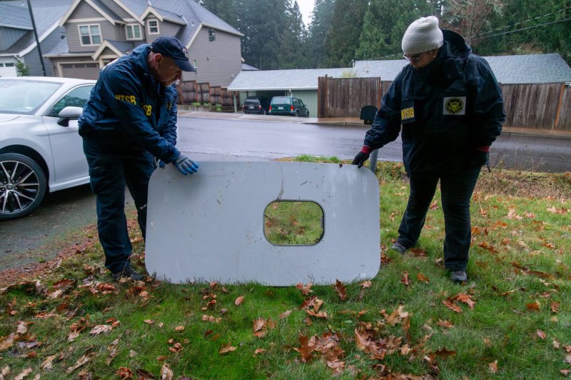 The National Transportation Safety Board announced Monday it has recovered the blown-out door plug from Alaska Airlines Flight 1282 in Cedar Hills, Ore. NTSB investigators are sending it to its Materials Laboratory in Washington, D.C., for further examination. Photo courtesy of NTSB