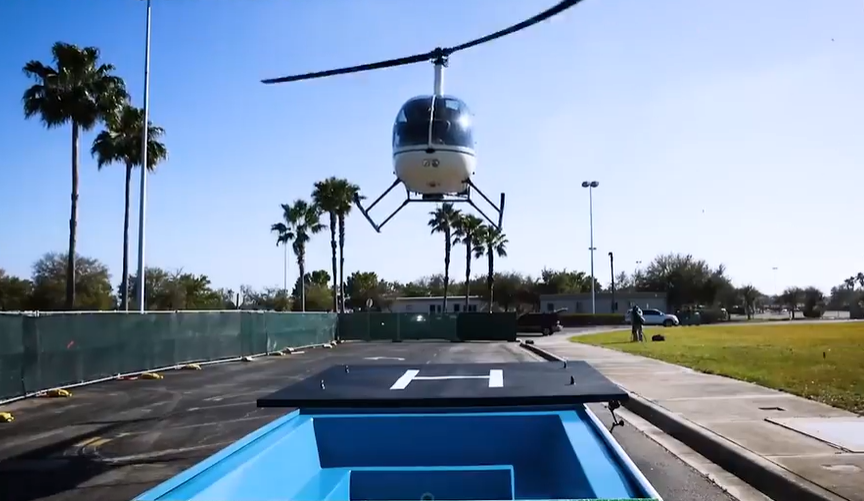 The supercar stretches over 100ft, can fit 75 passengers and has its own helipad