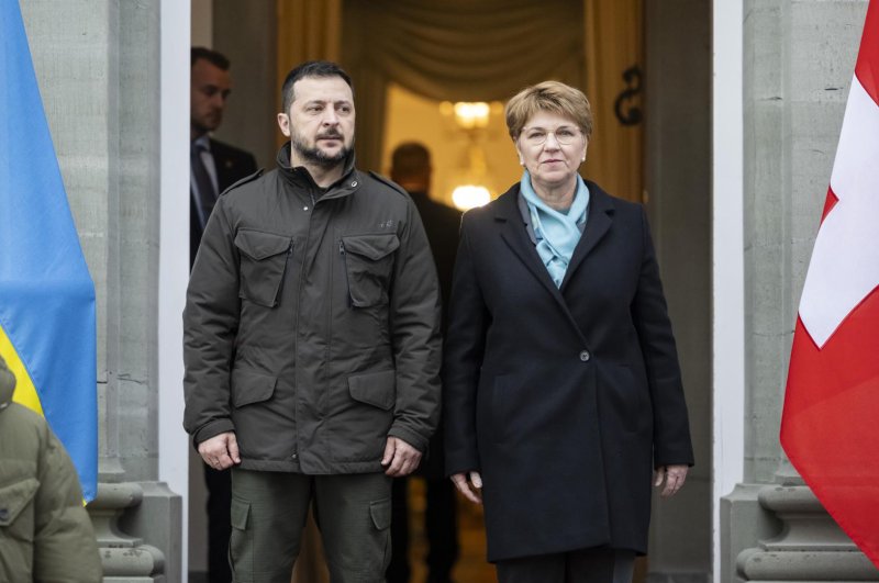 Swiss Federal President Viola Amherd (R) welcomes Ukrainian President Volodymyr Zelensky on Monday in Kehrsatz near Bern, saying Switzerland "is committed to contributing to peacebuilding." In addition to preparing for a global peace summit, Zelensky will attend the World Economic Forum in Davos on Tuesday. Pool photo by Alessandro Della Valle/EPA-EFE/