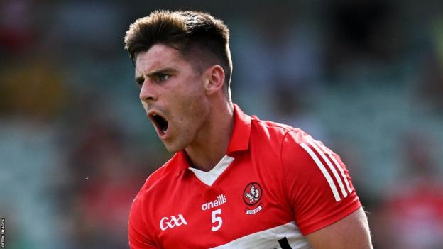 Derry's Conor Doherty celebrates scoring a goal against Donegal last season