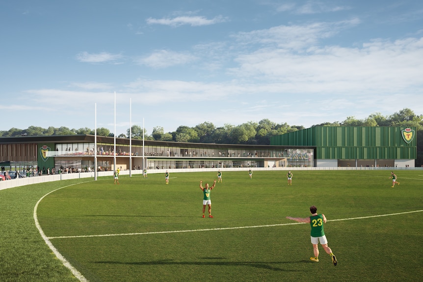 Concept art showing an AFL oval and players with spectators watching from a nearby pavilion.