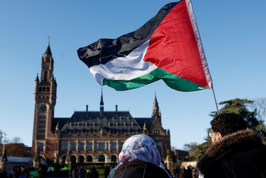 Two people and a Palestinian flag, seen from behind, with a large building visable in the distance