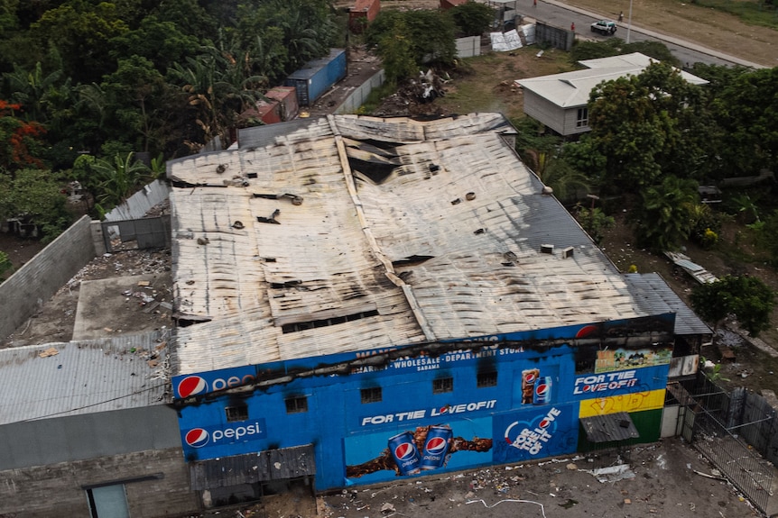 A drone shot of a building.