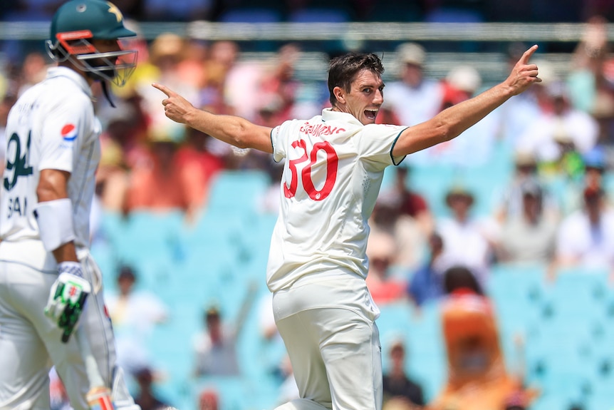 Australia bowler Pat Cummins looks over his shoulder with both arms out as he celebrates a wicket.