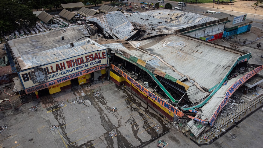 The burned out remains of a supermarket.