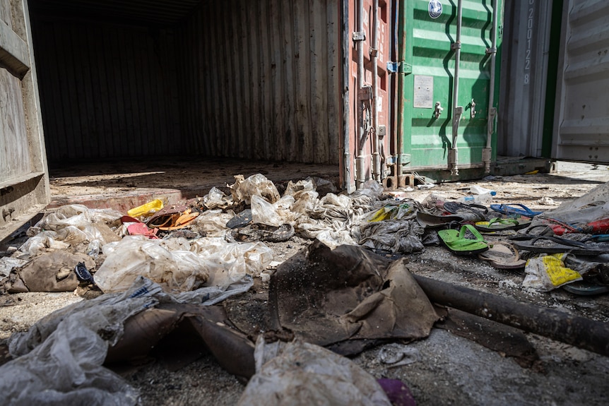 A destroyed shipping container.