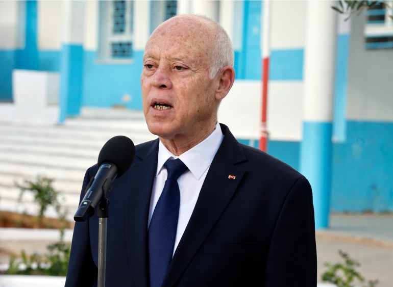 Tunisia's President Kais Saied speaks to the media