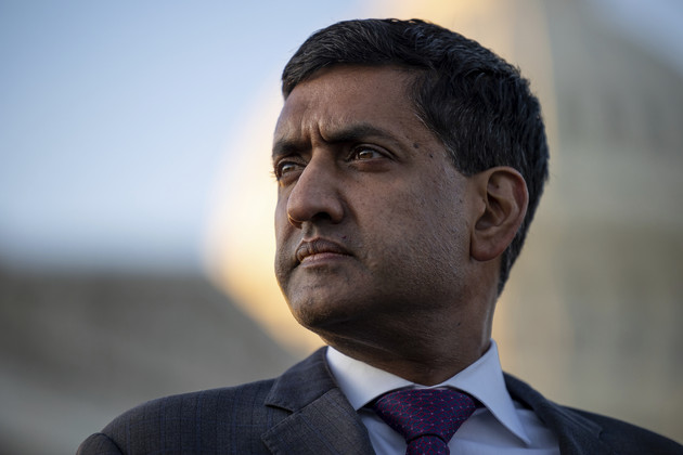 Ro Khanna looks on during a press conference.