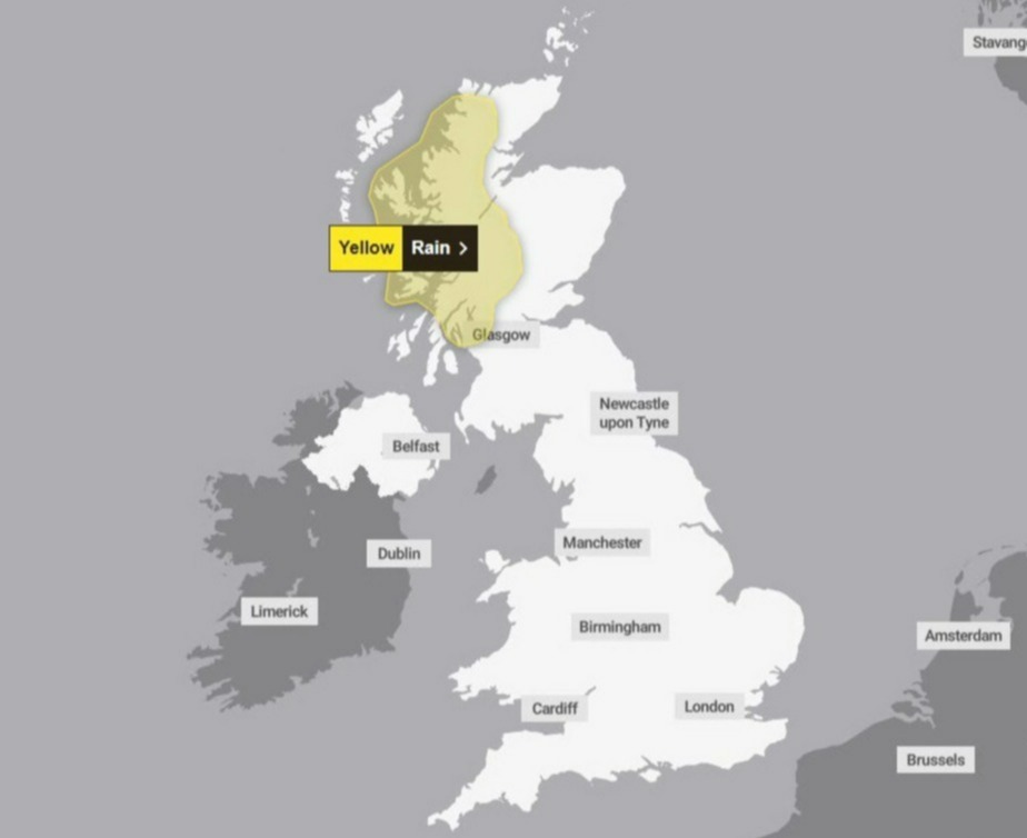 A yellow warning for heavy rain will come into force for western Scotland today