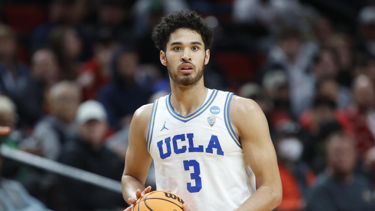 UCLA guard Johnny Juzang (3) in action against Akron during  NCAA college basketball tournament in 2022.