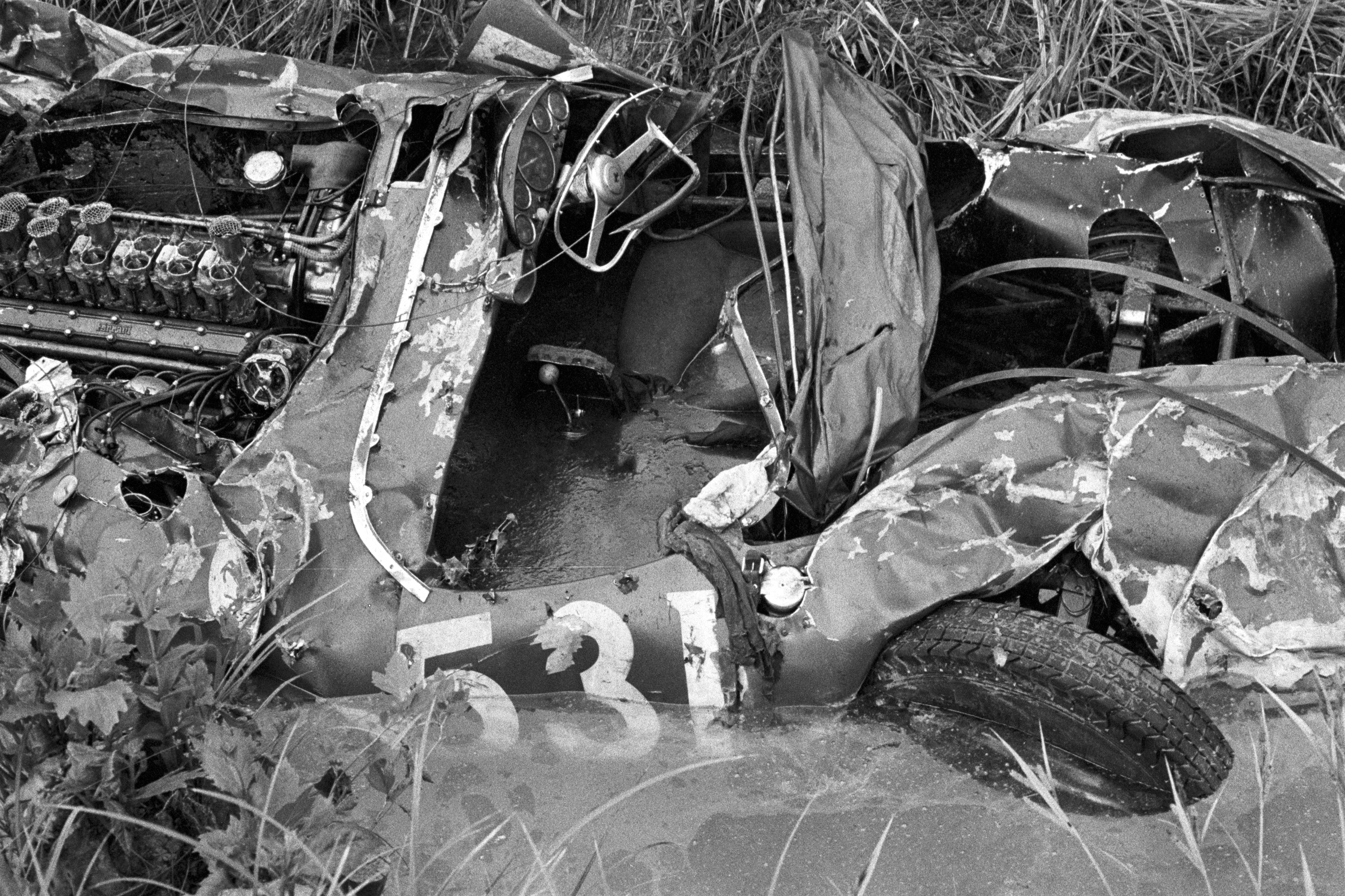 The remains of the mangled Ferrari destroyed during the Mille Miglia Automobile Race