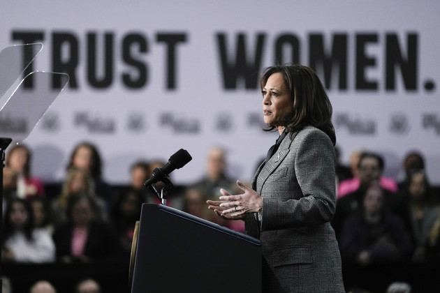 Kamala Harris speaks at the International Union of Painters and Allied Trades District Council 7 in Big Bend, Wis.