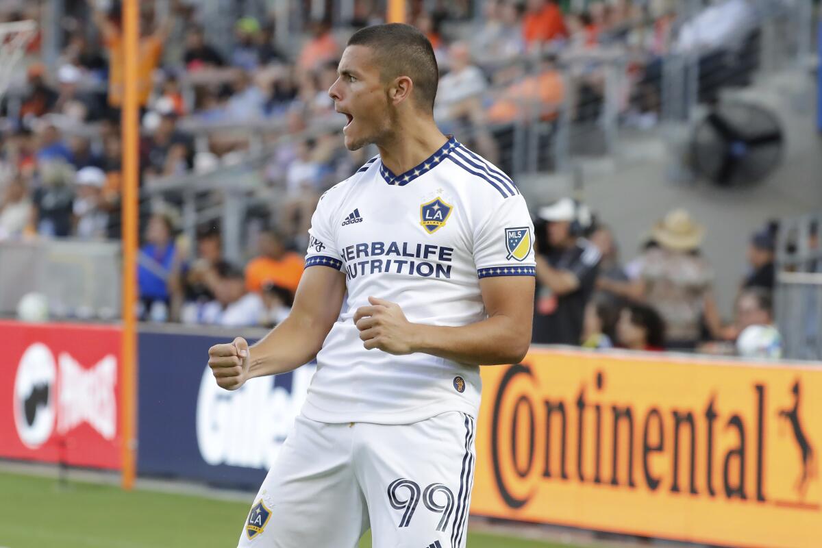 Galaxy striker Dejan Joveljic celebrates after scoring against the Houston Dynamo in October 2022.