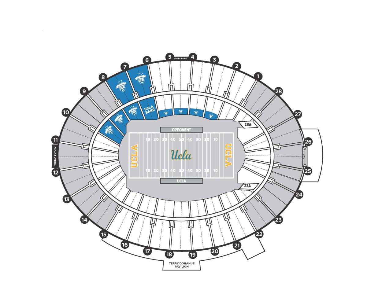 An expanded UCLA student section is marked on a graphic featuring the Rose Bowl stadium.