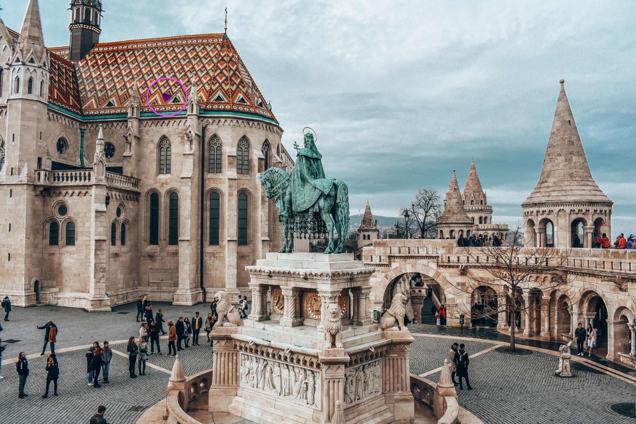 It’s on the roof of Buda Castle - it’s pretty well hidden among all those ornate triangular tiles