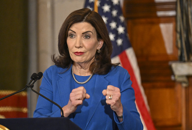 New York Gov. Kathy Hochul speaks with reporters.