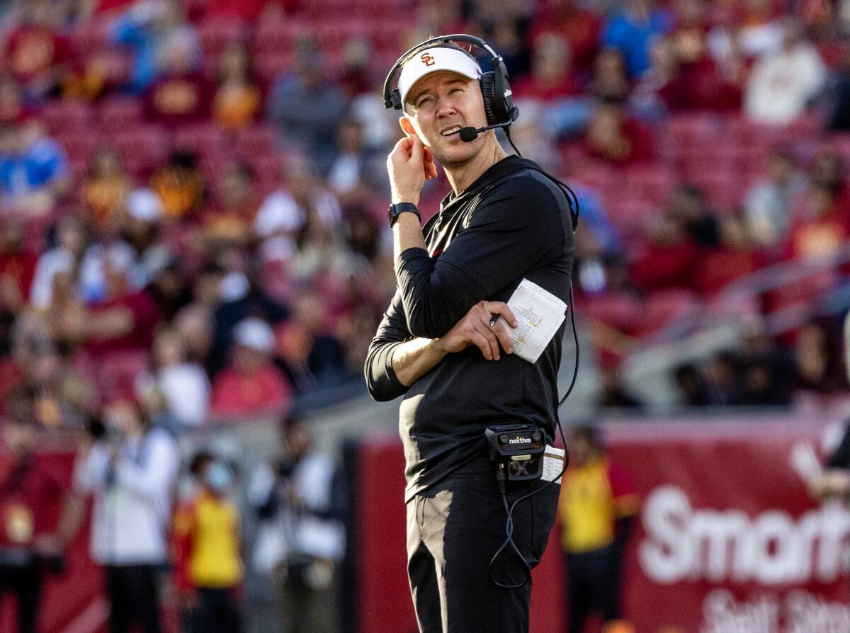 USC head coach Lincoln Riley stands on the sideline during a loss to UCLA at the Coliseum on Nov. 28.