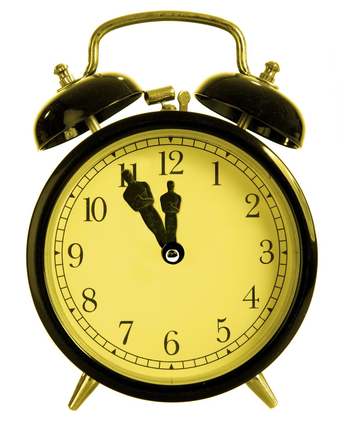 A photo illustration shows an old-fashioned alarm clock with Oscar statues for hands.