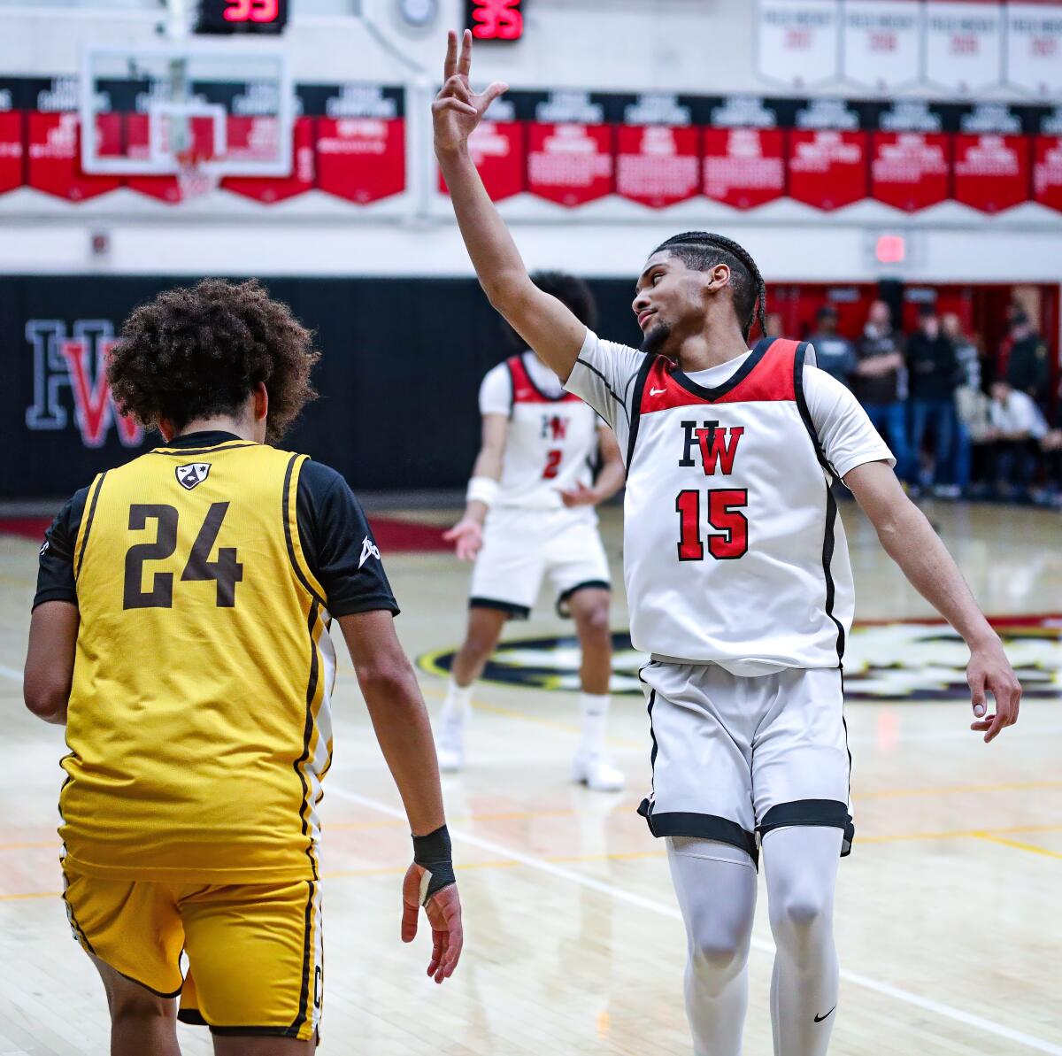 Christian Horry of Harvard-Westlake lets Isaiah Barnes and Crespi fans know how he feels after making a three.