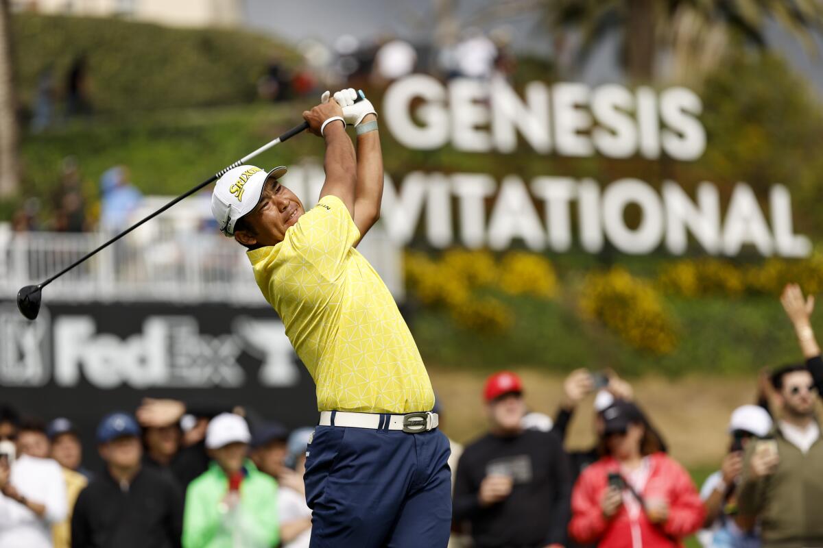 Hideki Matsuyama hits off the 10th tee during the final round of the Genesis Invitational on Sunday.