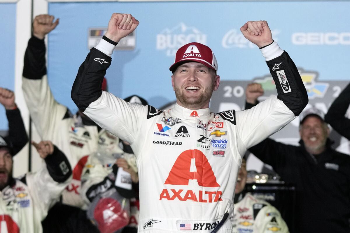 William Byron celebrates in victory lane after winning the Daytona 500 on Monday.